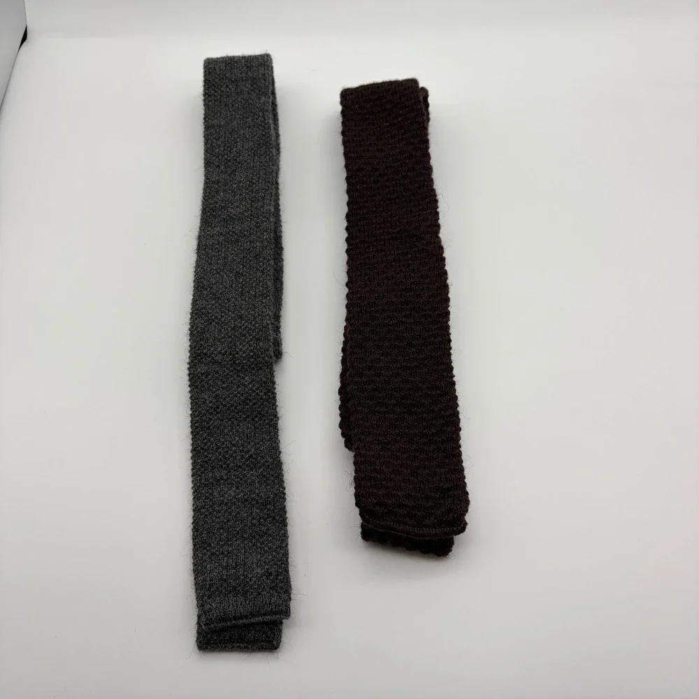 Lot of 2 Vintage 70s Knit Wool Square Ties Gray Brown Made in USA Mens Retro